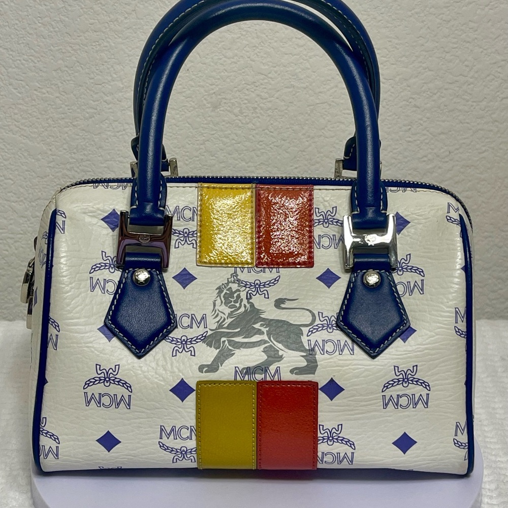 MCM Visetos Princess Lion Blue Boston Bag